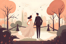 Illustration Of Happy Bride And Groom In The Park, Generative AI