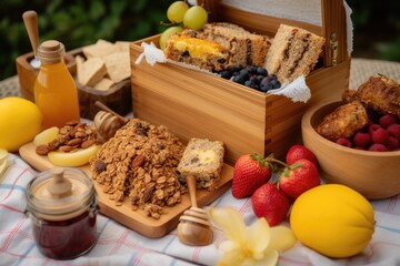 Poster - busy bee picnic basket with granola, fruit, and sweet treats, created with generative ai