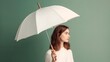 © ckybe - Women stand with white blank umbrella opened. Template mock up isolated on color background. Female person hold clear parasol overhead. Plain surface. Generative AI.