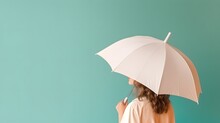 Women Stand With White Blank Umbrella Opened. Template Mock Up Isolated On Color Background. Female Person Hold Clear Parasol Overhead. Plain Surface. Generative AI.