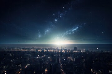 Poster - stellar view of futuristic city, with stars and nebulae visible in the night sky, created with generative ai