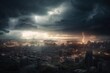 foreboding and dreary galactic cityscape, with stormy skies above, created with generative ai