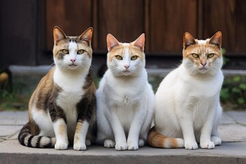 Canvas Print - a group of cats, sitting and looking at the camera with their beautiful eyes, created with generative ai