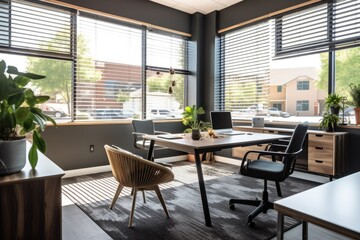 Poster - office with ergonomic furniture, natural light, and modern decor, created with generative ai