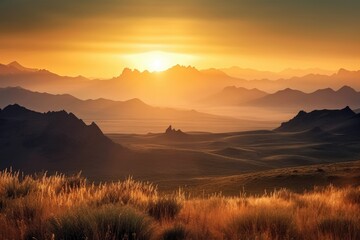 Poster - majestic mountain range, with a sunrise the peaks in golden light, created with generative ai