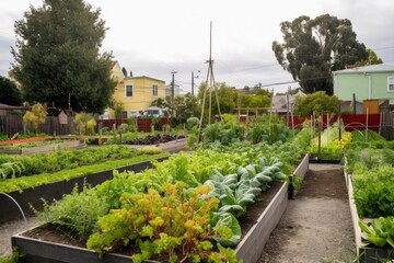 Poster - urban farm with variety of vegetables and herbs for the community, created with generative ai