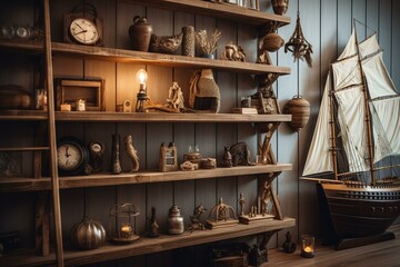 Vintage nautical decor featuring boat shaped shelves and themed items on a wooden table. Generative AI