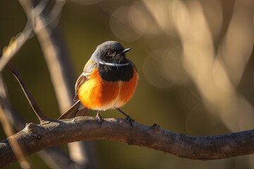 Poster - male redstart bird perched on tree branch, its fiery orange feathers shining in the sunlight, created with generative ai