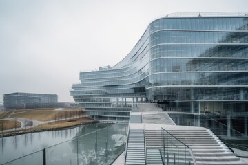 Sticker - futuristic office building with glass walls and floating staircase, surrounded by futuristic city, created with generative ai