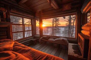 Poster - cozy cabin in the woods, with a view of the sunrise over the trees, created with generative ai