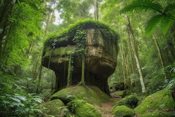 Sticker - natural rock formation surrounded by lush tropical forest, created with generative ai