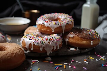 Poster - gluten-free and vegan doughnuts, with sweet glaze and sprinkles, created with generative ai