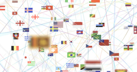 Wall Mural - Connection lines Around map with all country flags, Futuristic Technology - PNG transparent