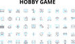 © Nina - Hobby game linear icons set. Chess, Scrabble, Monopoly, Risk, Catan, Dungeons, Cards vector symbols and line concept signs. Poker,Mahjong,Dominoes illustration Generative AI