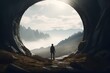 one person standing in front of the mysterious circular portal. fantastic mountain world beyond the portal. generative AI
