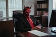 A man in a devil mask sitting at a desk at the office - evil boss concept, created with Generative Ai Technology