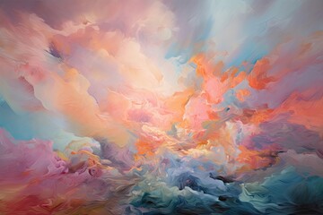 Dreaming Paradise: Acrylic Painting of Large Clouds of Pink and Blue in the Sky, Sunset Colours: Generative AI