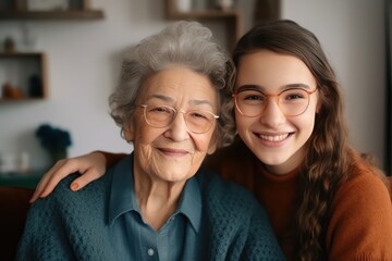 Happy grandmother with smiling granddaughter. generative ai