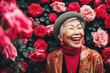 © Trinette Reed - Happy stylish senior Asian woman with rose colored glasses. Generative AI.