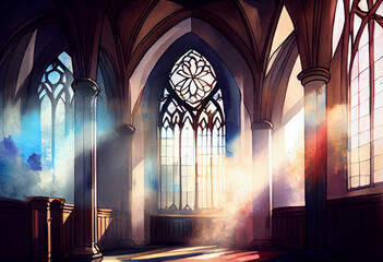 An empty chapel with rays of sunlight streaming through stained glass windows, creating a serene and meditative ambiance, watercolor style Generative AI