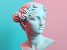 Gypsum Ancient Statue Of Venus De Milo In Pastel Tone On Pastel Background. Plaster Sculpture Of A Woman's Face. Love, Beauty, Feminism. Y2K Modern Art Style. Generative Ai.