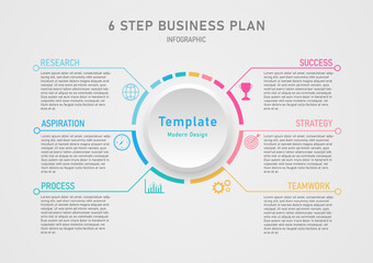 Wall Mural - Template simple modern infographic 6 steps business plan success circle segmented multi colored icons with lines Button in the middle with a clean gray gradient background.