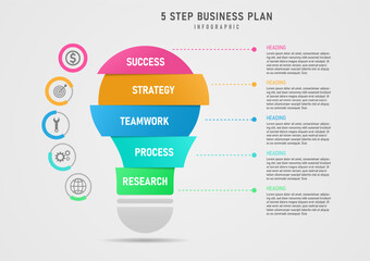 Wall Mural - Modern Template Multi Color Segmented Light Bulb Infographic 5 Steps Business Plan Success Circle with Color Bars and Icons in the Center Dotted Line clean gray gradient background