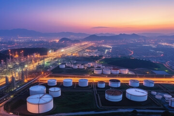 An aerial view at twilight showcases an oil refinery, complete with an oil storage tank, and a petrochemical plant in the industrial background. A price graph adds to the industrial aesthetic.