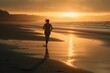 © ckybe - Running by the Beach: A woman running along the beach during sunrise or sunshine. Generative Ai.