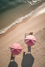 Top Down View Of Two Umbrella Sea In A Beautiful Blue Sea And Sand, Minimal Scene, Summer Theme Concept, Generative Ai Illustration