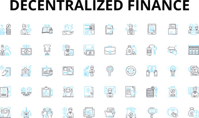  Decentralized finance linear icons set. DeFi, Decentralized, Blockchain, Crypto, Smart contracts, Tokenization, Liquidity vector symbols and line concept signs. Yield,Transparency,Governance