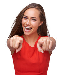 Wall Mural - Choice, portrait and smile of a woman pointing at you for accountability isolated on a transparent png background. Excited, happy and hand of female model with finger gesture for choosing or decision