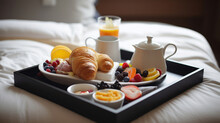 Tray with tasty breakfast on bed in light room