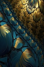 Modern Abstract Digital Artwork With Blue And Gold Ripples And Tree Leaves Decoration. Generative AI
