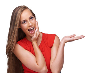 Canvas Print - Wow, presentation and portrait of excited woman isolated on transparent png background, hands for product promo. Surprise, shock and happy model with open palm showing discount sale, deal or offer.