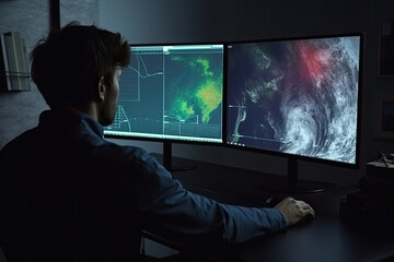 meteorologist monitoring weather forecast at monitor screen. workplace in meteorological department.