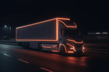 Futuristic cargo truck on highway at night. Glowing truck with trailer. Shipment and logistick concept. Created with Generative AI