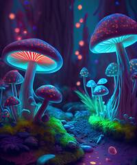 A Magical and Trippy Display of Mushrooms and Mos, Glowing Fairy Jungle