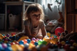 child kid girl in her room playing with mass of toys. Generative AI