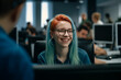 young adult woman or teenager girl with dyed hair working on a desk sitting on chair in a office with other people in the background. Generative AI