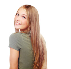 Happy, hair care female portrait and style with shoulder of a teenager with confidence and casual fashion. Joy, proud face and teen model with youth smile isolated on transparent, png background