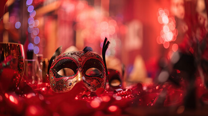 Wall Mural - Venetian Masks On Red Glitter With Shiny Streamers On Abstract Defocused Bokeh Lights - Carnival Party. Generative ai