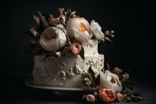 Floral-topped White Wedding Cake On Gray Background. Generative AI
