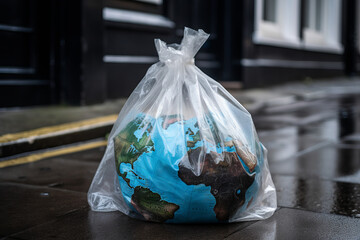 Wall Mural - Earth in a plastic bag left on the street like rubbish. Environment concept. Generative ai