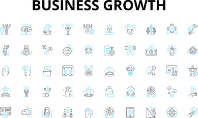  Business growth linear icons set. Expansion, Scalability, Development, Diversification, Innovation, Progress, Advancement vector symbols and line concept signs. Generative AI