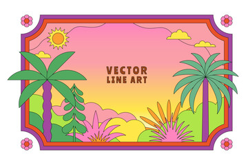 Poster - Vector simple flat illustration, summer vacation, tropical hotel,  geometric summer pattern and banner, sun travel, landscape with island scenery with houses and palm trees