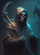 a painting of a skeleton with a scythe, portrait of grim reaper, dark fantasy 
