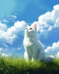 white cat is sitting on the lawn, against the backdrop of a blue sky and clouds, generative ai 
