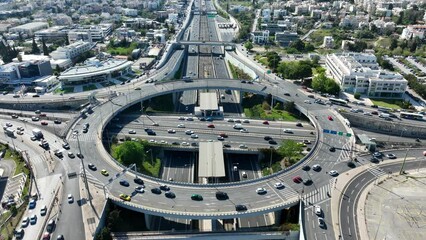 Wall Mural - Aerial drone video of ring road junction passing through Marousi residential area connecting Attiki odos highway and Kifisias Avenue, Attica, Greece