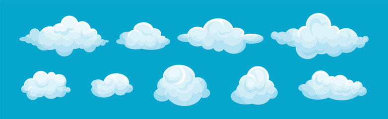 Wall Mural - White Soft Fluffy Clouds on Blue Background Vector Set